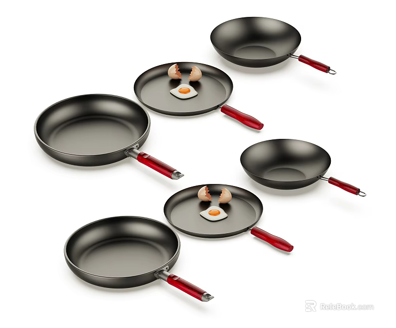 Non Stick Frying Pans With Red Handles In Various Sizes For Frying Eggs 3d model 