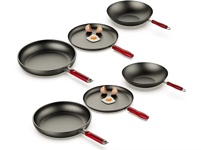 Non Stick Frying Pans With Red Handles In Various Sizes For Frying Eggs 3d model