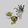 Decorative Ornament Set With Green Pears Apples Transparent Vase Wooden Bowl And Foliage