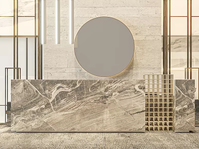 Modern Hotel Lobby Interior With Marble Reception Desk Round Mirror And Lighting Decor 3d model
