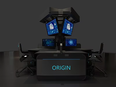 Modern Ergonomic Desk And Chair Set With Multiple Screens And ORIGIN Label 3d model