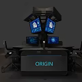 Modern Ergonomic Desk And Chair Set With Multiple Screens And ORIGIN Label