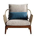 Rattan Accent Chair With Wooden Legs Gray Cushion And Blue Throw Pillow