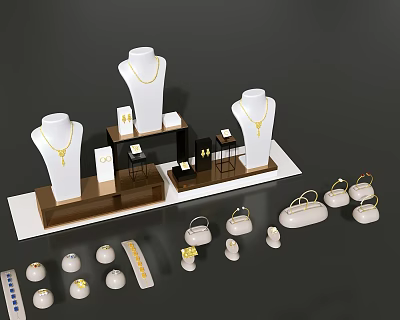 Luxury Jewelry Collection Display With Mannequins Golden Necklaces And White Handbags On Stands 3d model