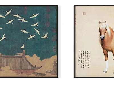 Traditional Chinese Art Paintings Featuring Flying Birds Building and Horse with Calligraphy 3d model