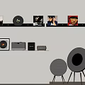 Headphones Round Speakers And Audio Equipment With Vinyl Records On Black Shelf White Cabinet