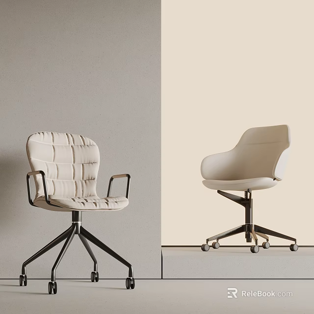 Tufted Armchair With Black Metal Legs And Modern Wheeled Chair On Light Colored Walls 3d model 