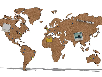 Cork World Map Wall Decor with Decorative Pins Photos and Notes for Home 3d model
