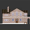 Traditional Red Brick House Exterior with Brown Roof Chimney Arched Windows and Porch Steps