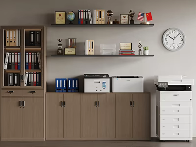Organized Office Workspace With Essential Office Appliances Printers Cabinets And Bookshelves 3d model
