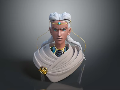 Game Movie Character With Silver White Braided Hair Golden Headpiece And Blue Gold Outfit 3d model