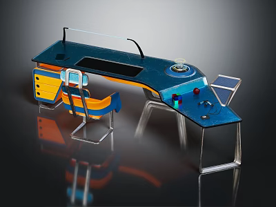 Modern Office Desk With Blue Top Orange Drawers Metal Frame And Matching Chair 3d model