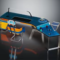 Modern Office Desk With Blue Top Orange Drawers Metal Frame And Matching Chair