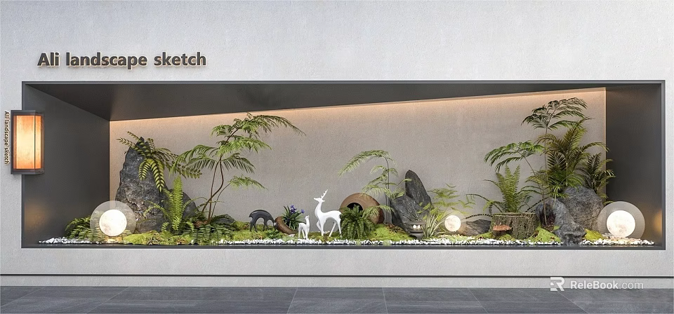 Living Green Wall Interior Design With Various Plants Decorative Rocks And Small Deer Figurines 3d model 