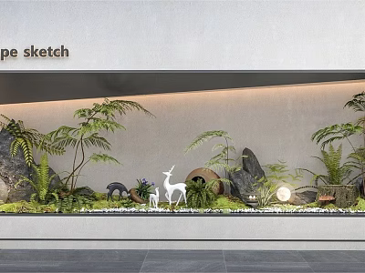 Living Green Wall Interior Design With Various Plants Decorative Rocks And Small Deer Figurines 3d model
