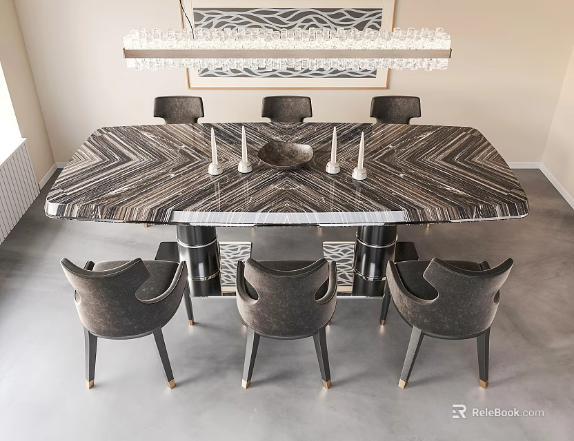 Elegant Modern Dining Table With Marble Herringbone Top Luxury Gray Chairs And Crystal Chandelier 3d model 
