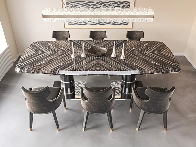 Elegant Modern Dining Table With Marble Herringbone Top Luxury Gray Chairs And Crystal Chandelier 3d model