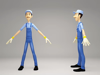 Cartoon Style Game and Movie Character in Blue Overalls Blue Cap Yellow Gloves Black Shoes 3d model