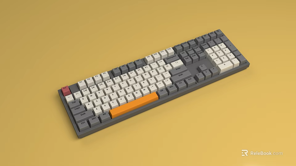 Mechanical Keyboard with Gray White Orange Keycaps and Red Accent Key Design 3d model 