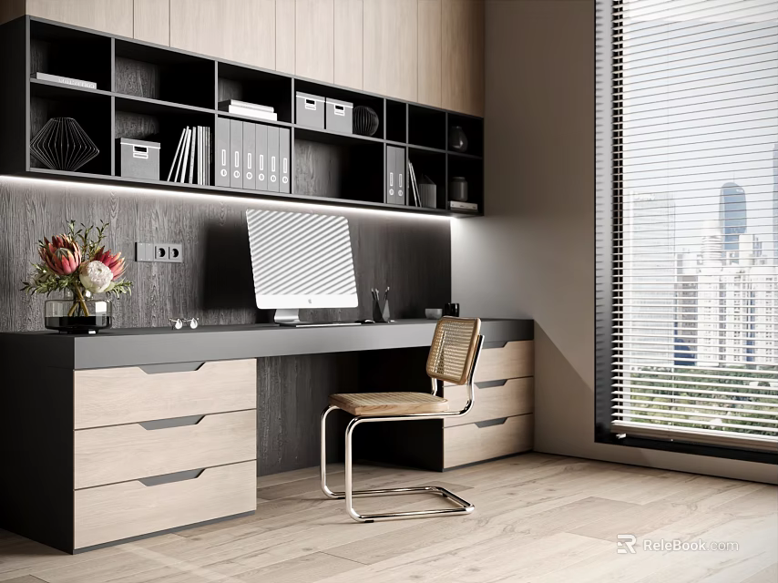 Modern Home Office With Wooden Bookshelves Black Desk Computer Monitor Flower Vase And City View 3d model 