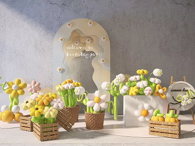 Colorful Birthday Party Decorations With Arched Sign Flower Bouquets Wooden Baskets And Balloons 3d model