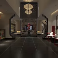 Elegant Modern Restaurant Interior With Chandelier Columns Marble Floor Tables And Chairs