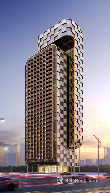 Elegant Modern Hotel Building With High Rise Glass Facade And Unique Design 3d model 
