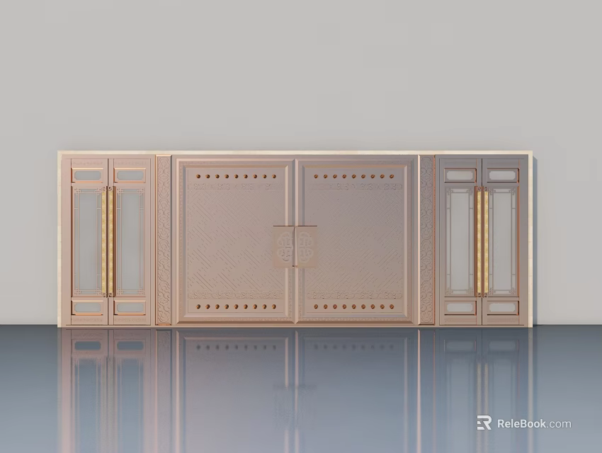 Modern Copper Swing Doors With Glass Inserts And Decorative Metal Frames 3d model 