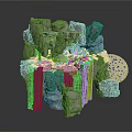 Modern Rock Landscape Sculpture With Green Mossy Structures And Textured Surfaces