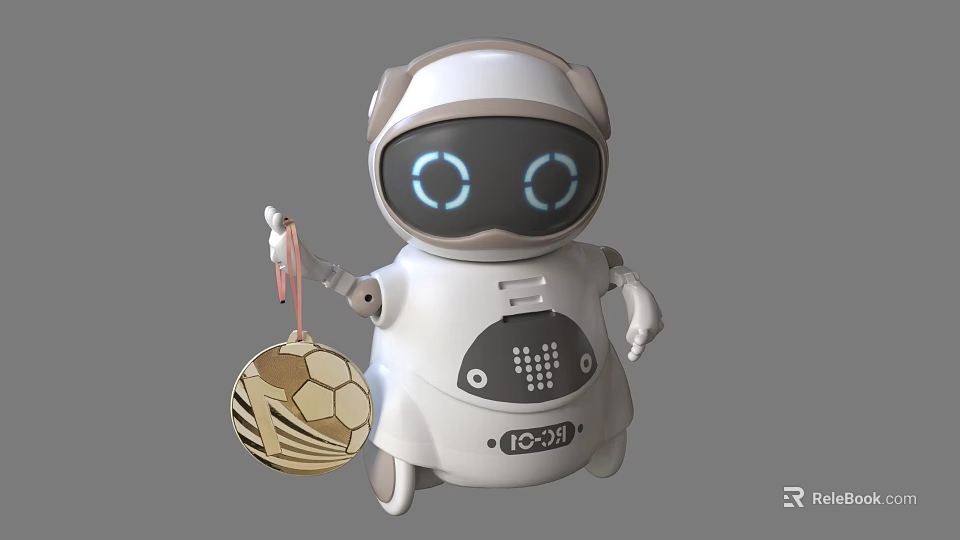 Smart Robot With White Design Blue Glowing Eyes Holding Golden Brown Decorative Sphere 3d model 