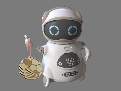 Smart Robot With White Design Blue Glowing Eyes Holding Golden Brown Decorative Sphere 3d model