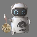 Smart Robot With White Design Blue Glowing Eyes Holding Golden Brown Decorative Sphere