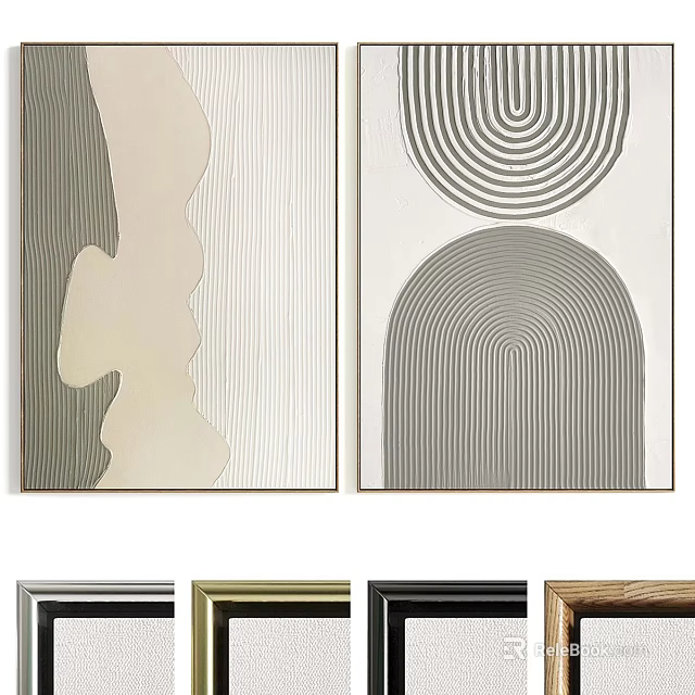 Abstract Two Panel Oil Paintings With Geometric Lines And Neutral Tones For Wall Decor 3d model 