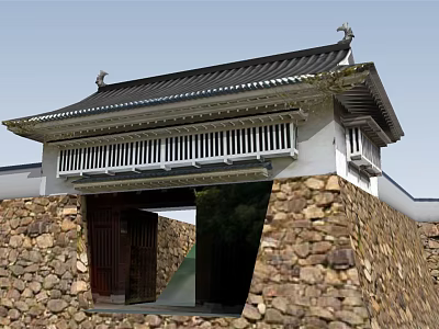 Ancient Architecture Entrance With Traditional Roof Wooden Gate And Stone Walls 3d model