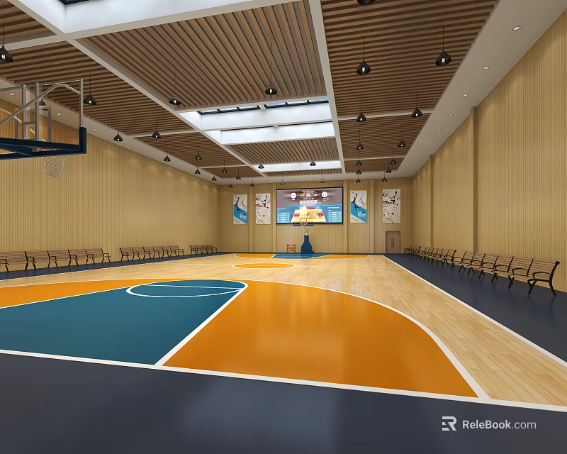Basketball Gym with Wooden Walls Blue Orange Court Wooden Benches and Ceiling Lights 3d model 
