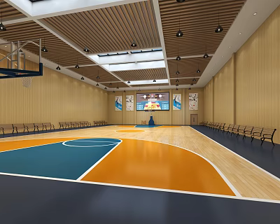 Basketball Gym with Wooden Walls Blue Orange Court Wooden Benches and Ceiling Lights 3d model