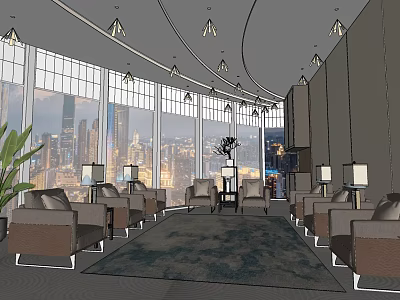 Spacious Hotel Public Lounge With Large Windows City View Comfortable Sofa Seats And Modern Chandeliers 3d model