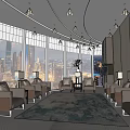 Spacious Hotel Public Lounge With Large Windows City View Comfortable Sofa Seats And Modern Chandeliers