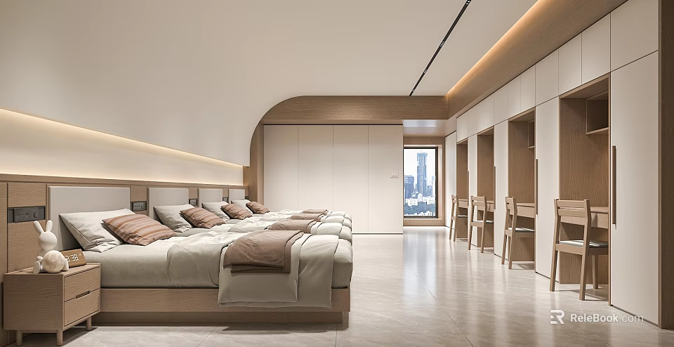 Modern Hotel Guest Room Interior With Comfortable Bed Pillows And City View Windows 3d model 