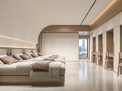 Modern Hotel Guest Room Interior With Comfortable Bed Pillows And City View Windows 3d model