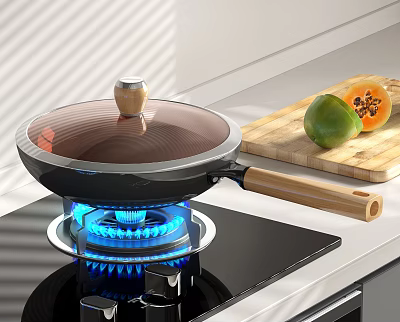 Non Stick Frying Pan With Glass Lid On Gas Stove And Wooden Cutting Board 3d model