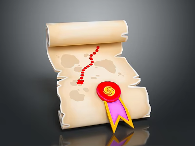 Rolled Parchment With Red Footprint Trail And Red Seal With Pink Yellow Ribbon 3d model