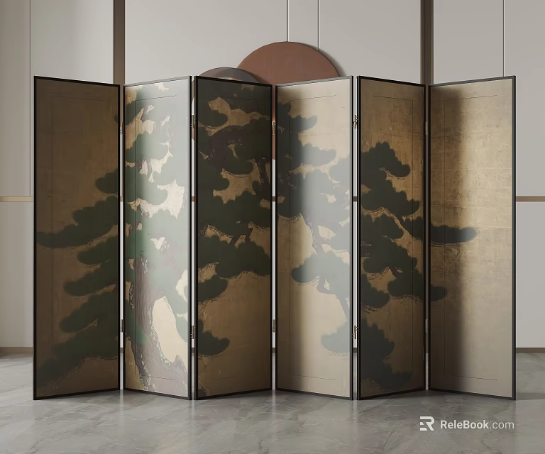 Traditional Folding Screen With Pine Tree Pattern And Gold Green Design For Interior Decoration 3d model