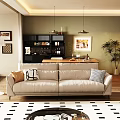 Beige Double Sofa with Brown and Checkered Pillows on Black White Checkered Rug
