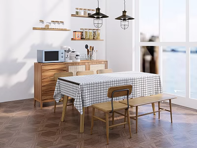 Cozy Modern Dining Table Set With Checkered Cloth Chairs Bench Wooden Cabinet And Pendants 3d model