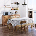 Cozy Modern Dining Table Set With Checkered Cloth Chairs Bench Wooden Cabinet And Pendants
