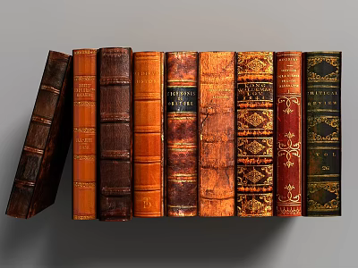 Vintage Book Ornament Decoration Set With Different Colors And Designs Neatly Arranged On Shelf 3d model
