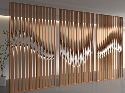 Modern Three Panels Wooden Room Divider With Elegant Wavy Curved Slats And Backlit Design 3d model