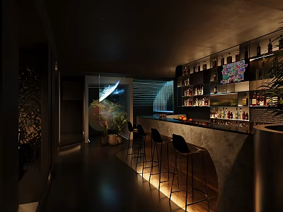 Dark Interior Bar With Counter High Stools Bottle Shelves And Warm Lighting 3d model
