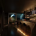 Dark Interior Bar With Counter High Stools Bottle Shelves And Warm Lighting